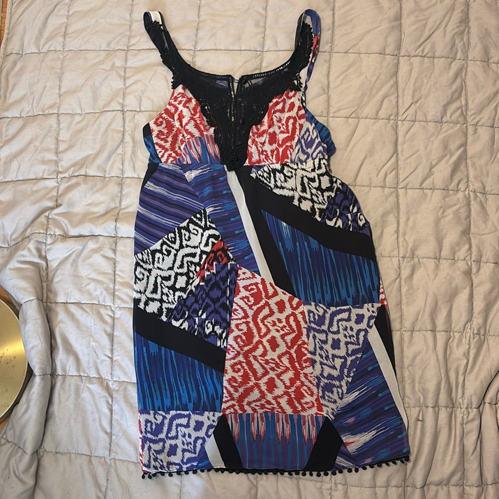 Guess red, blue, purple printed spaghetti strip mini dress